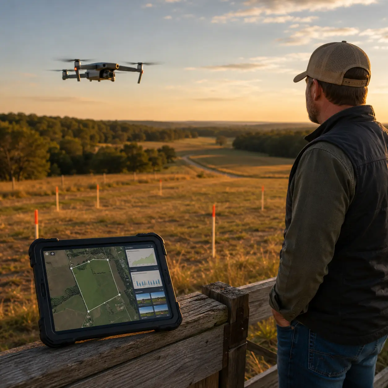 Landowner using drone mapping and digital parcel analysis to assess rural land value before listing the property for sale.