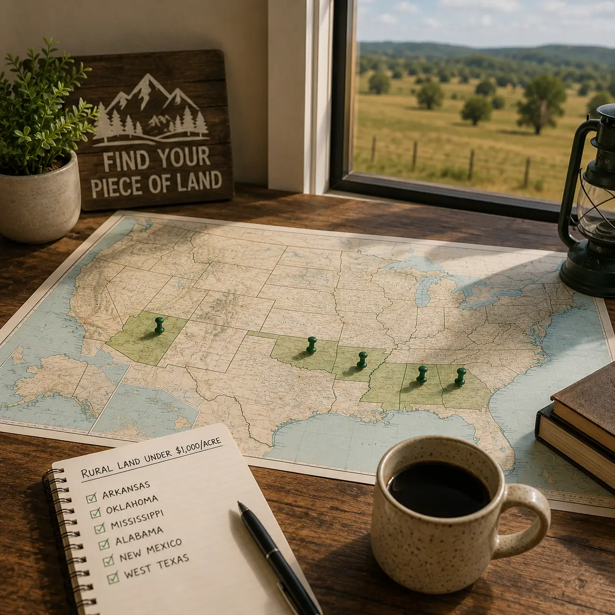 U.S. map with rural states marked by pins on a wooden table, representing affordable land-buying locations under $1,000 per acre in 2026.