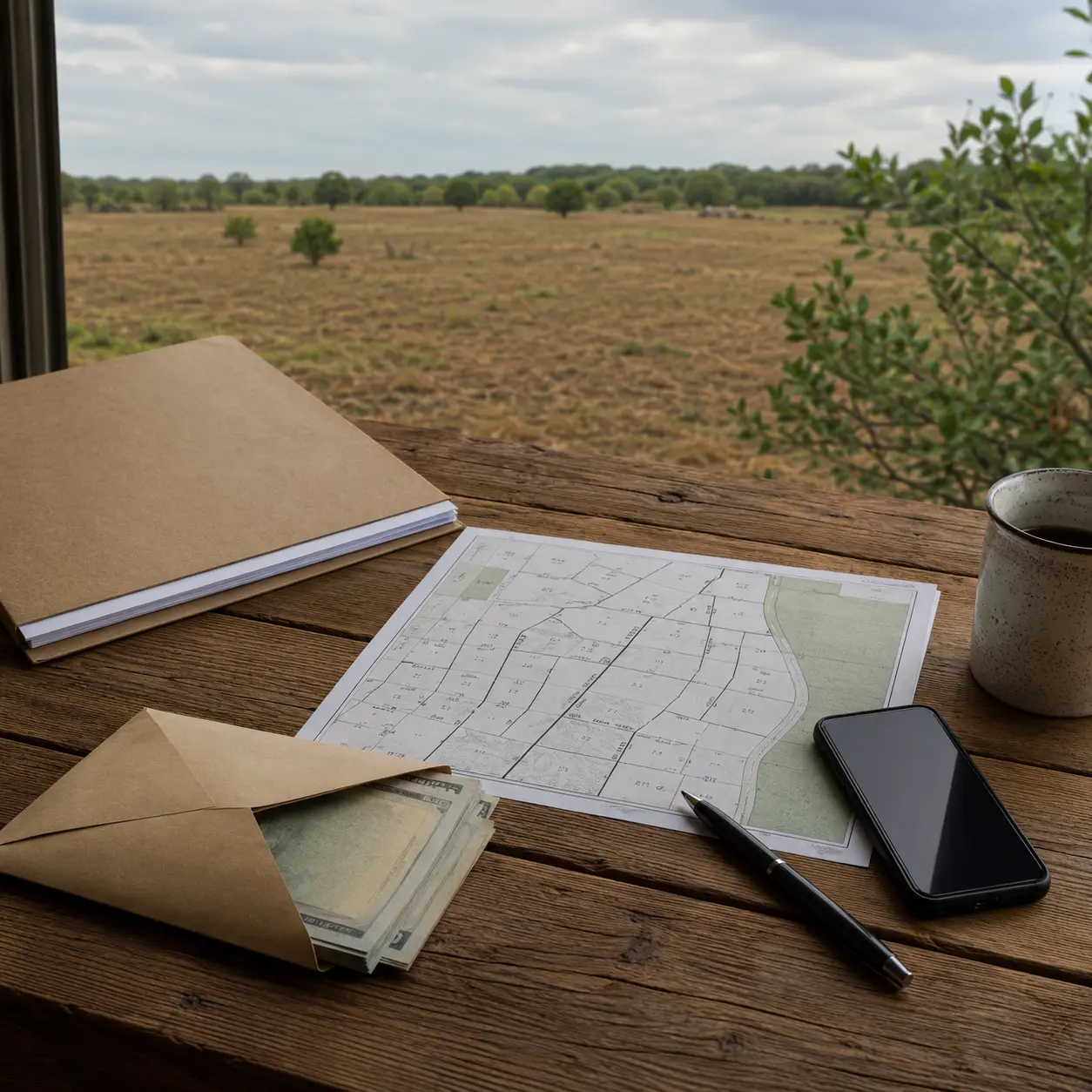 Vacant land viewed from a rustic workspace with a parcel map, cash-filled envelope, smartphone and documents for contacting land buyers directly.