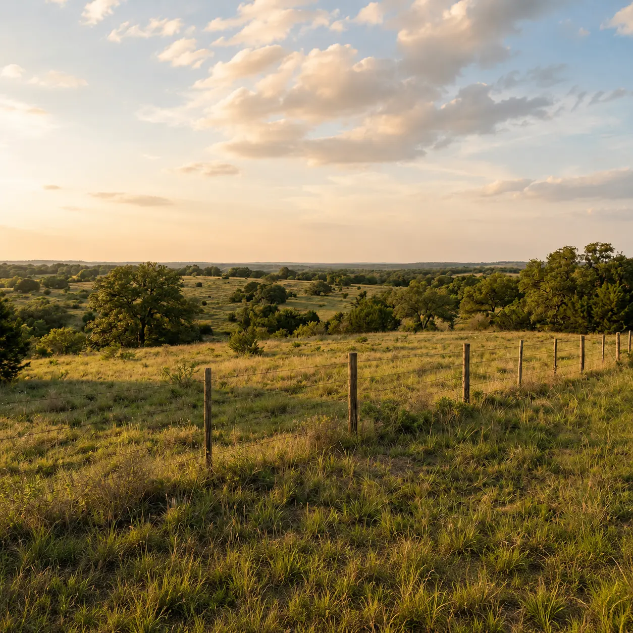 Golden-hour view of fenced rural acreage with rolling grassland, scattered trees, and open countryside.