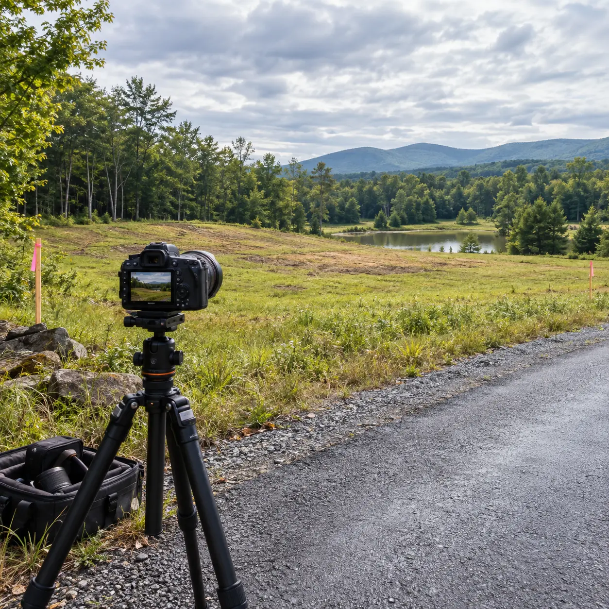 Vacant land being professionally photographed with a camera on a tripod, representing how strong property presentation helps attract serious buyers to a land listing.