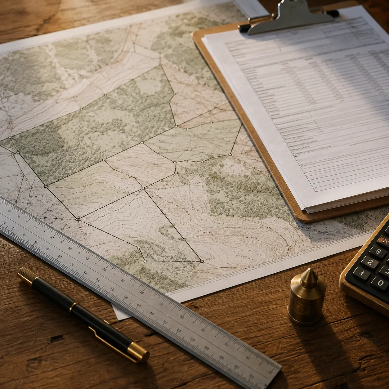 Land appraisal workspace with a parcel survey map, valuation documents, measuring ruler, pen and professional surveying tools.