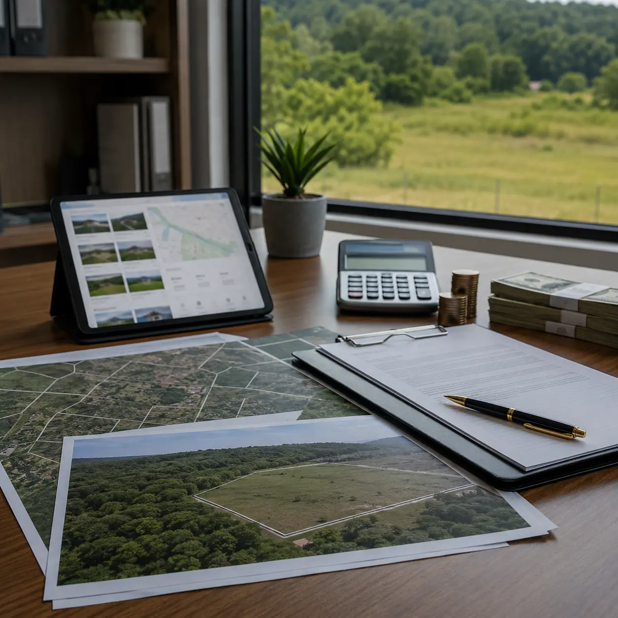 Desk with land maps, property listings, a calculator, and cash, representing alternative land-selling platforms where sellers keep more of their money.