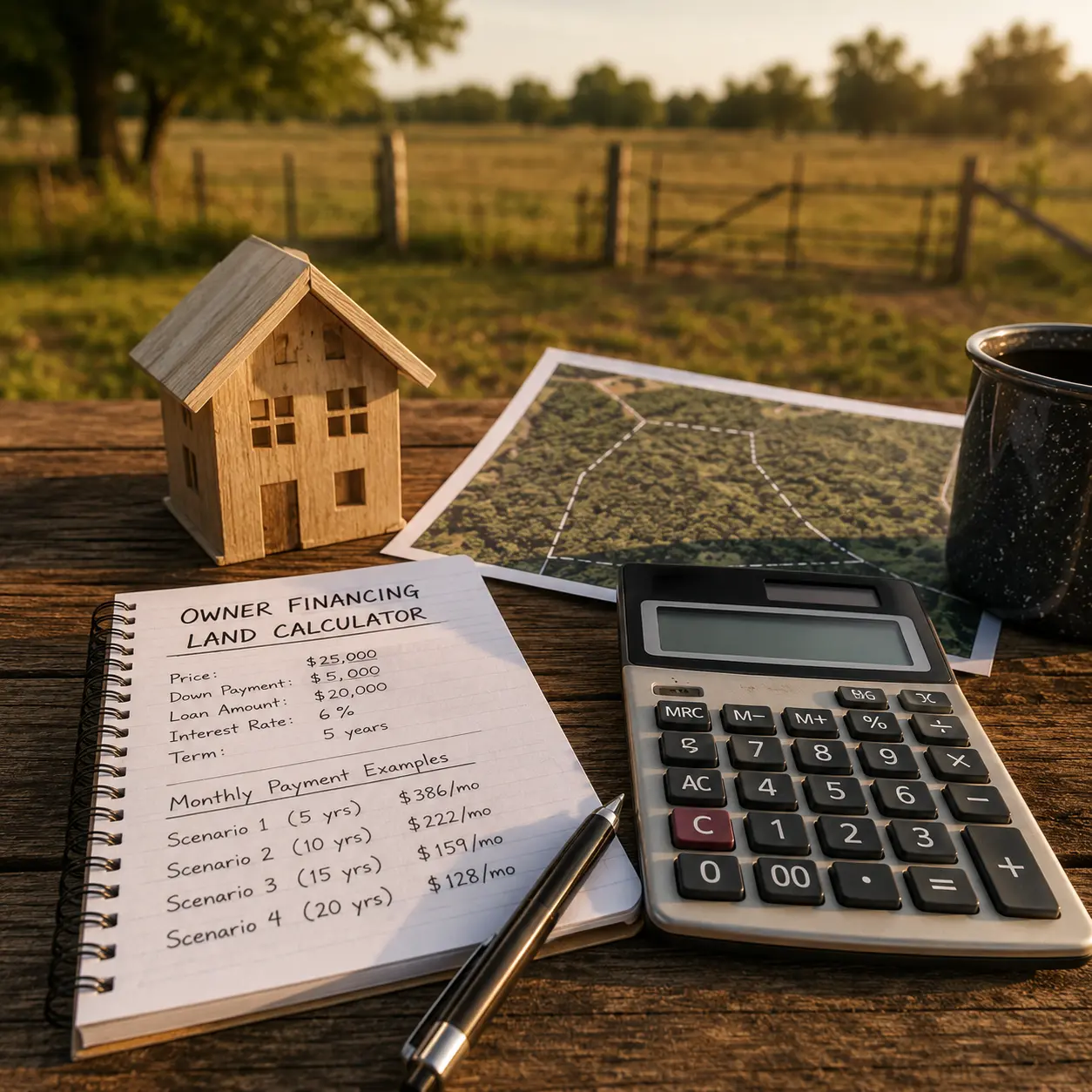 Calculator, parcel map, financing notes, and a small property model illustrating monthly payment scenarios for owner-financed land.