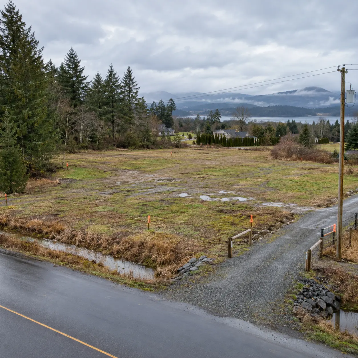 Raw rural land with road access, drainage, utility lines, boundary markers, nearby homes, and water, representing key due diligence checks buyers should verify before purchasing land.