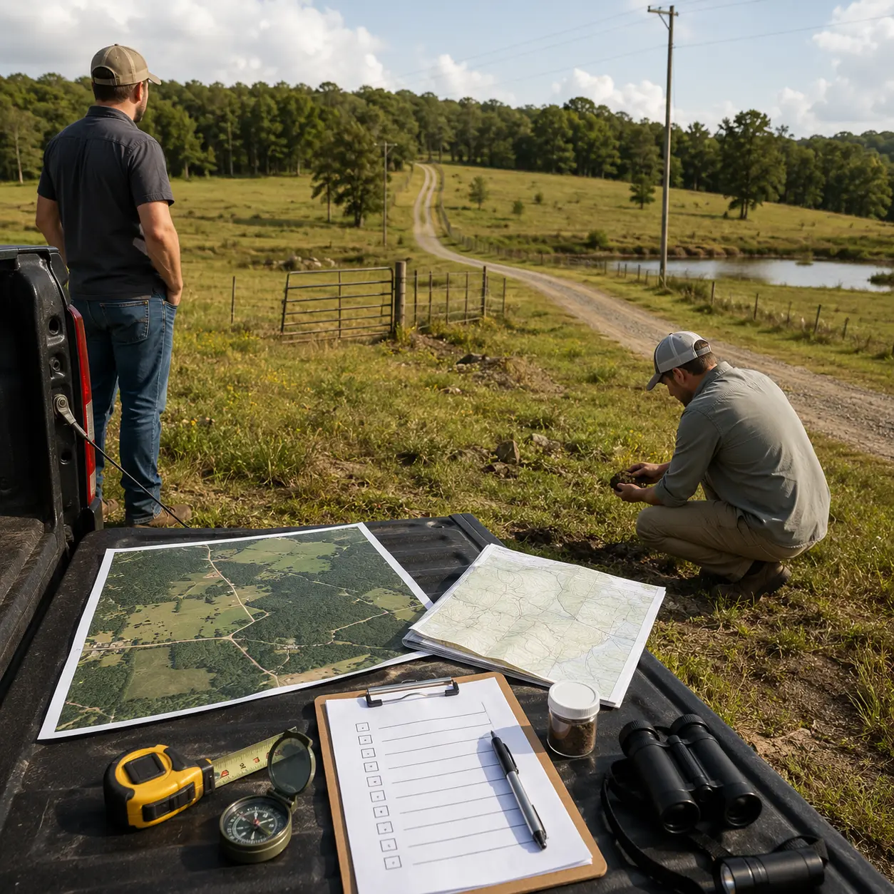 Two buyers inspecting rural land with maps, a checklist, measuring tools, binoculars, road access, utility lines, fencing, and a nearby pond.