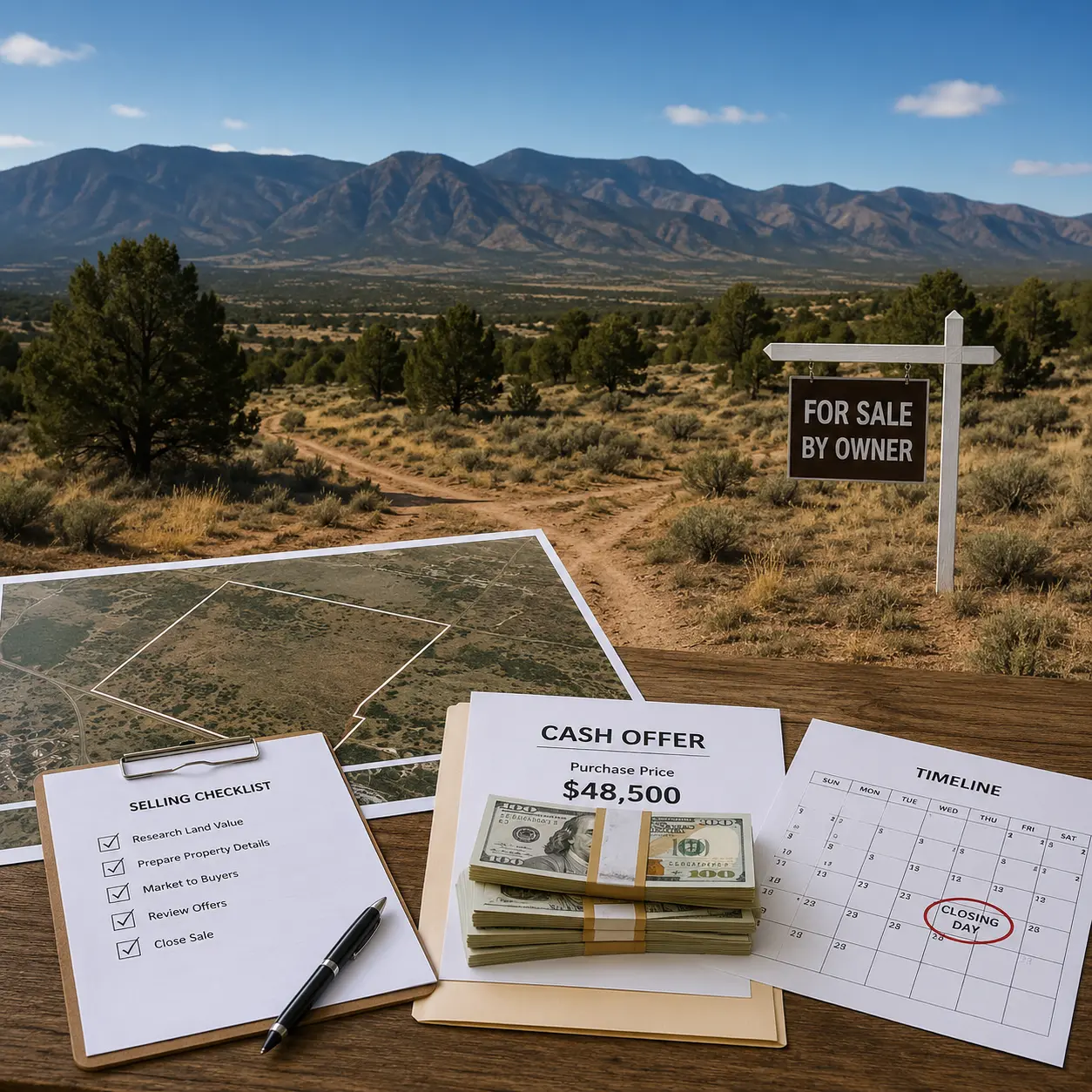 Vacant land parcel with sale documents, a property map and cash offer paperwork representing the process of selling raw land for cash.