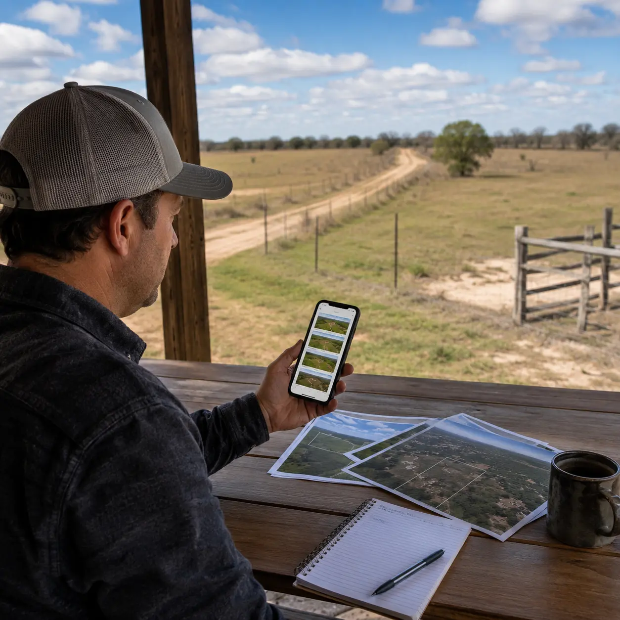Vacant landowner reviewing multiple online property listings on a smartphone while preparing to sell rural land without a realtor.