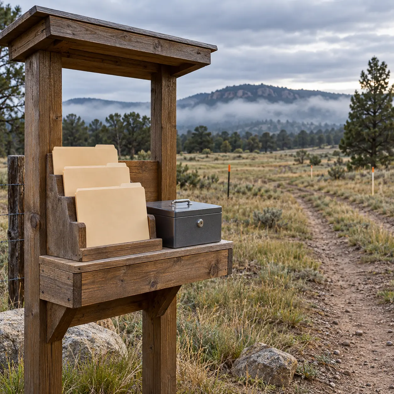 Vacant land with organized seller-financing documents at a rural property, representing the step-by-step process of offering owner financing on land.