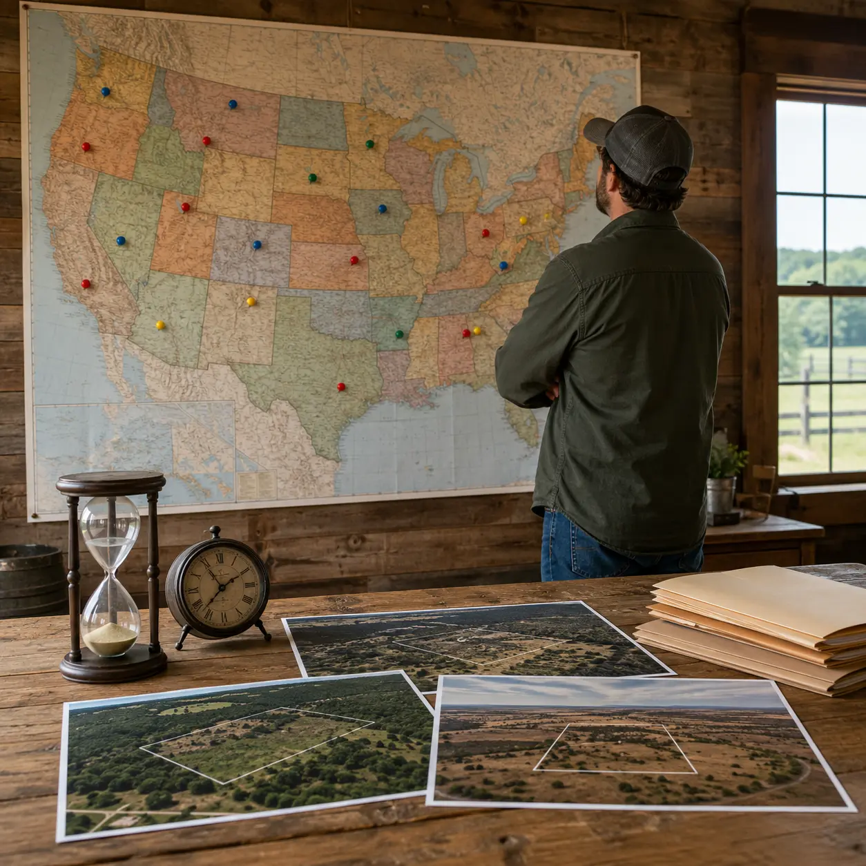 Land seller comparing vacant parcels across a pinned U.S. map with clocks and property photos, representing selling timelines by state and price range.