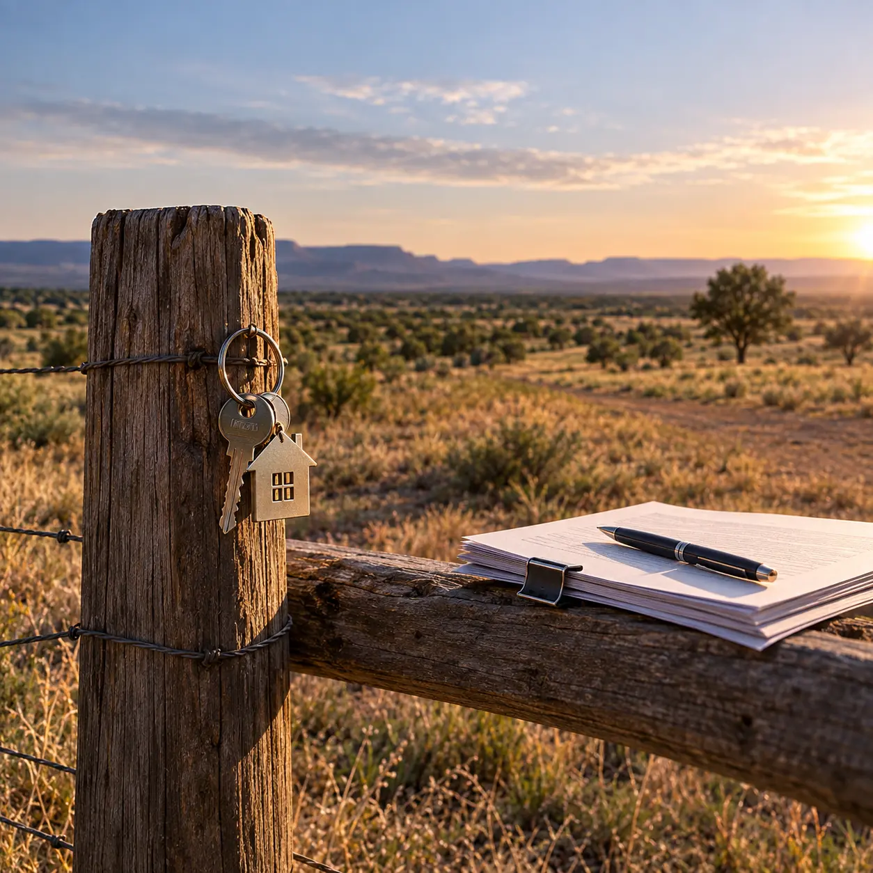 Vacant land with property keys and sale documents on a fence, representing why land sellers use owner financing to attract buyers and structure better deal terms.