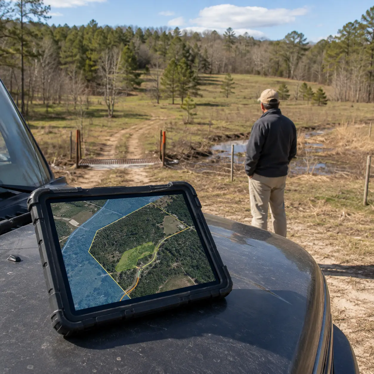 Landowner using a rugged tablet to scan a rural parcel for flood risk, wetlands, zoning, and road access before listing the property.