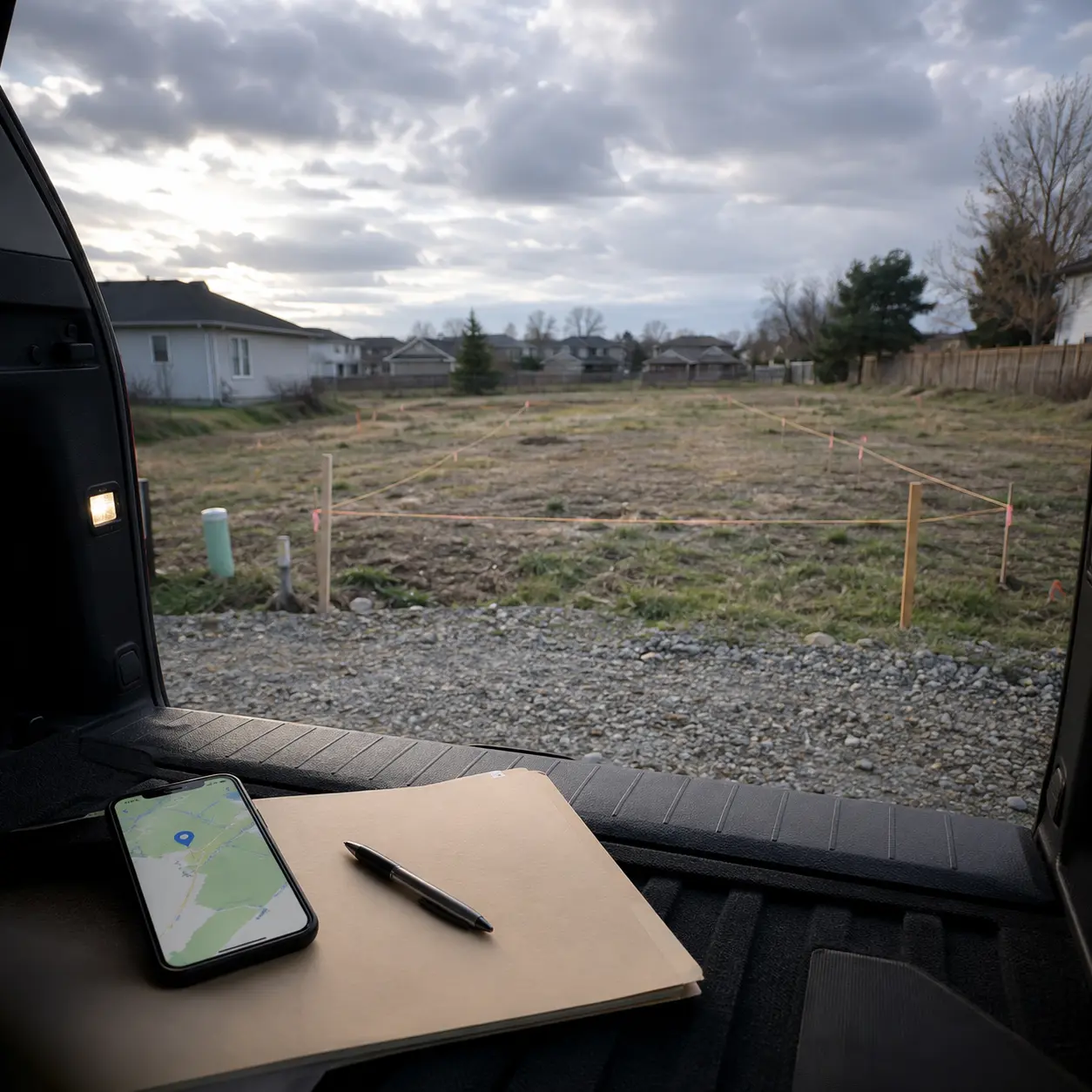 Vacant residential lot viewed during an independent property search with a location map and notes, representing how buyers can find, evaluate, and close on land without an agent.