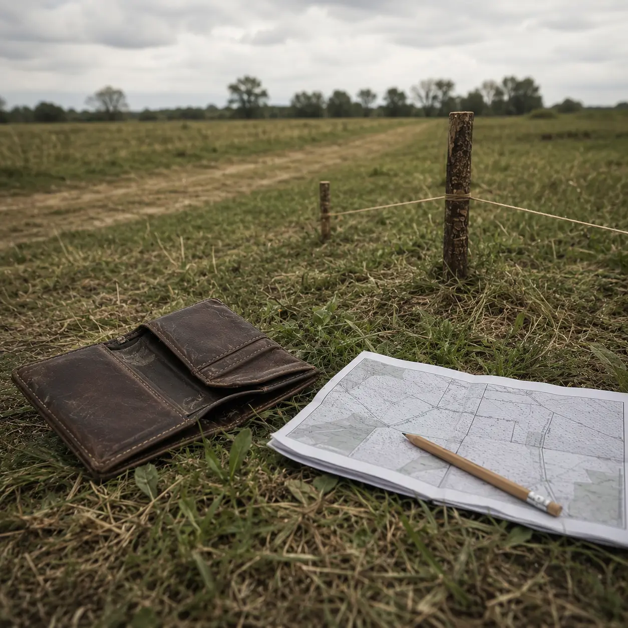 Vacant land with an empty wallet, parcel map and boundary markers, representing practical ways buyers can purchase land with little or no money upfront.