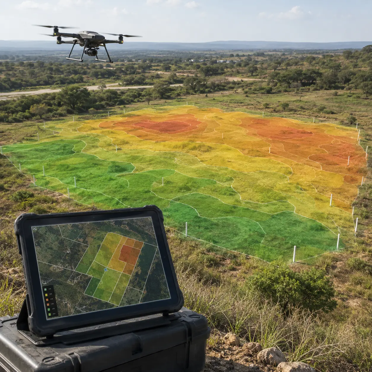 Drone surveying a vacant land parcel with a digital pricing heatmap and tablet display, representing AI land valuation and machine learning–based land pricing.