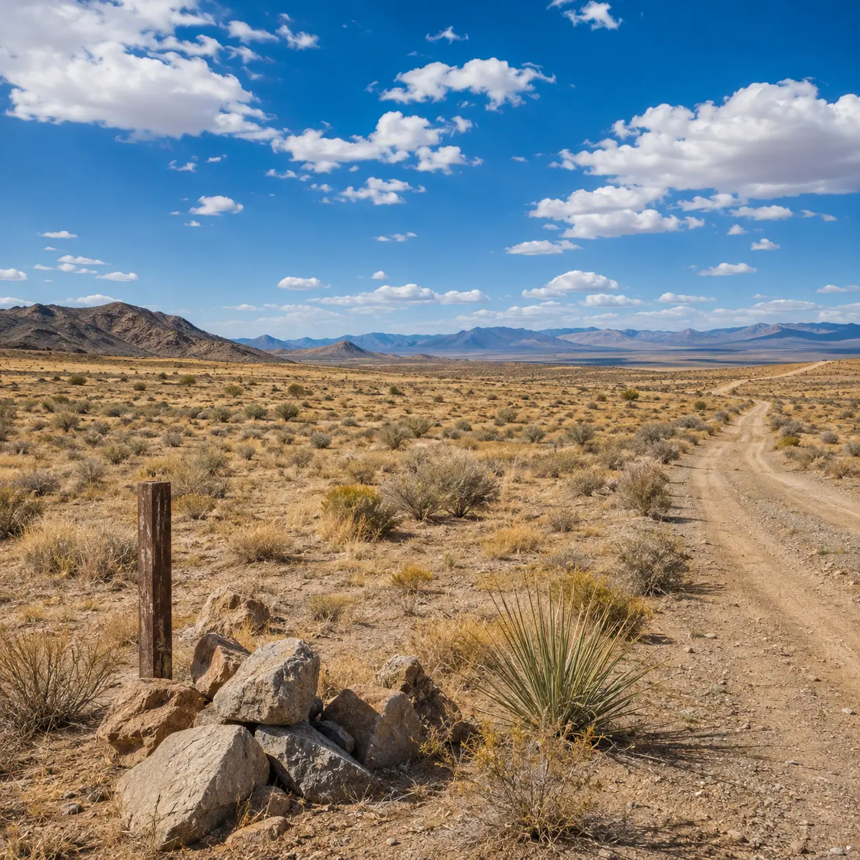 Dry vacant land with a dirt access road, survey marker and open desert terrain, representing what buyers should evaluate before purchasing raw land.