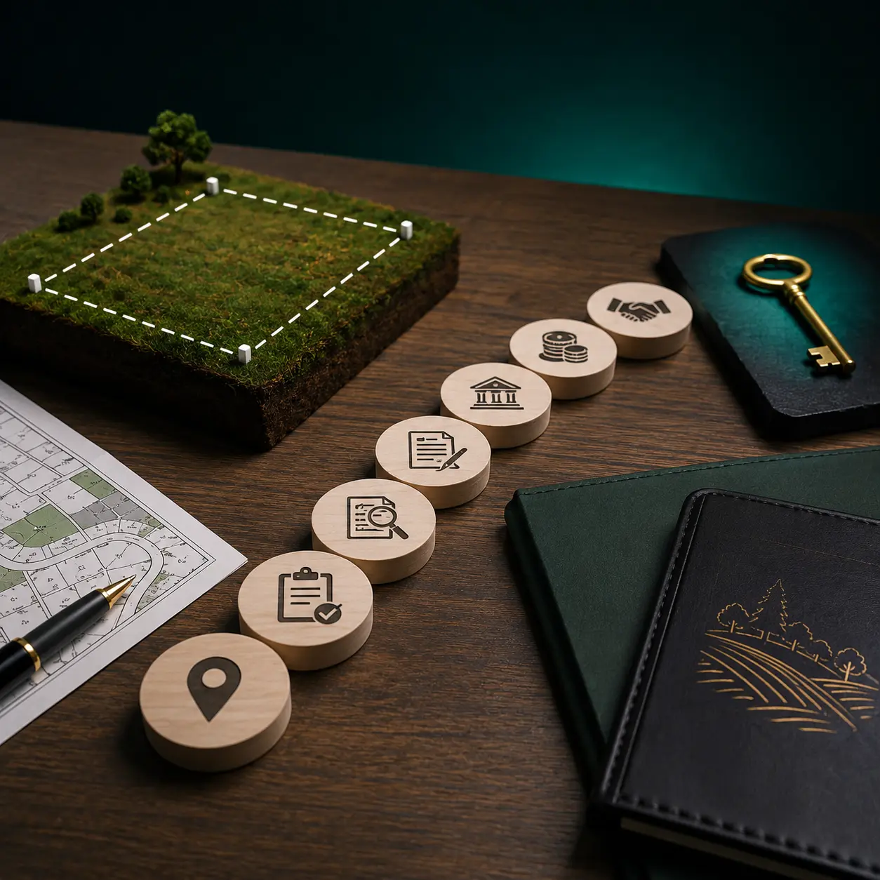 Vacant land closing process shown with a marked parcel, staged approval icons, documents, payment symbols and a final property key.