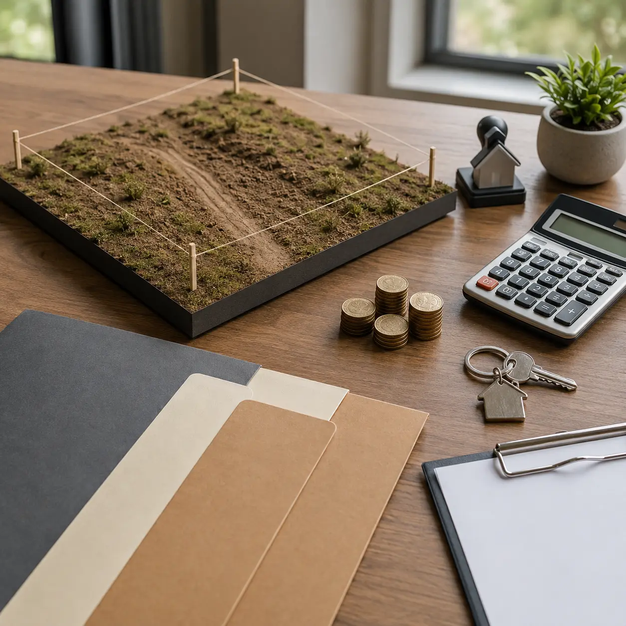 Raw land financing concept with a model land parcel, calculator, coins, keys and paperwork, representing different loan options for buying vacant land.