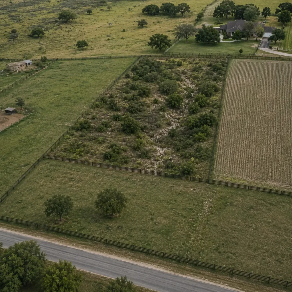 Aerial view of a difficult landlocked parcel surrounded by neighboring properties and fencing, illustrating the challenges of selling problem land without direct road access.