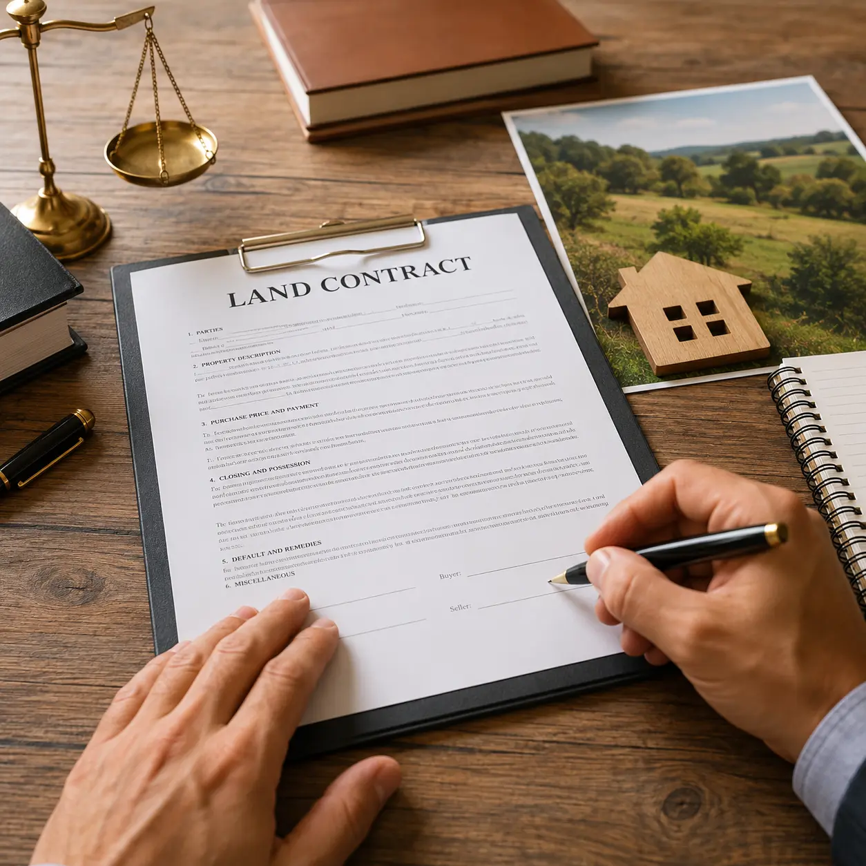 Person preparing to sign a land contract beside legal books, a gavel, scales of justice and a rural property photo.