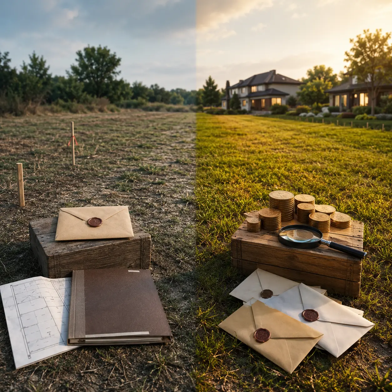 Split view of vacant land showing assessed property records on one side and market demand with neighboring homes and buyer interest on the other.