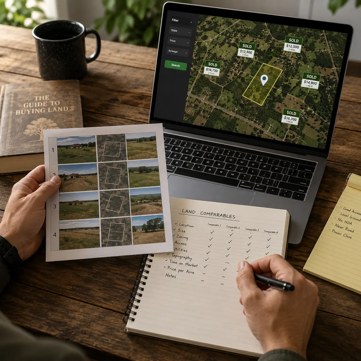 Land seller reviewing comparable parcel listings, maps, and pricing notes on a laptop to perform a land sales analysis without a realtor.