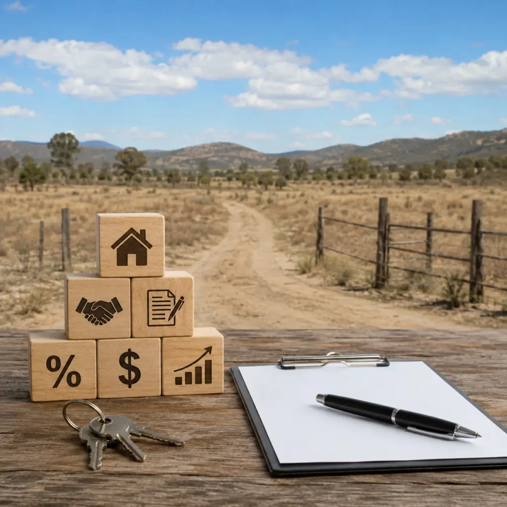 Vacant rural land with contract documents, property keys and financing symbols, representing how sellers set a down payment for a land contract.