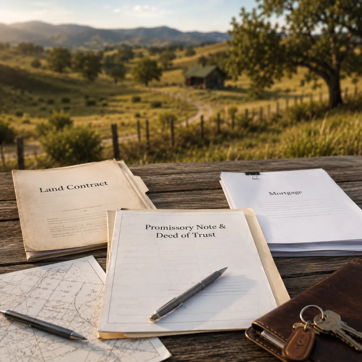 Land contract, mortgage, and promissory note with deed of trust documents on a rustic table with a rural land backdrop, illustrating different financing options for vacant land.