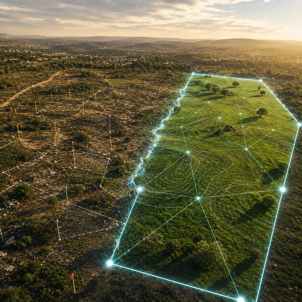 Aerial view of vacant land transitioning from fragmented property data to a clean AI-mapped parcel with digital boundaries and terrain analysis.