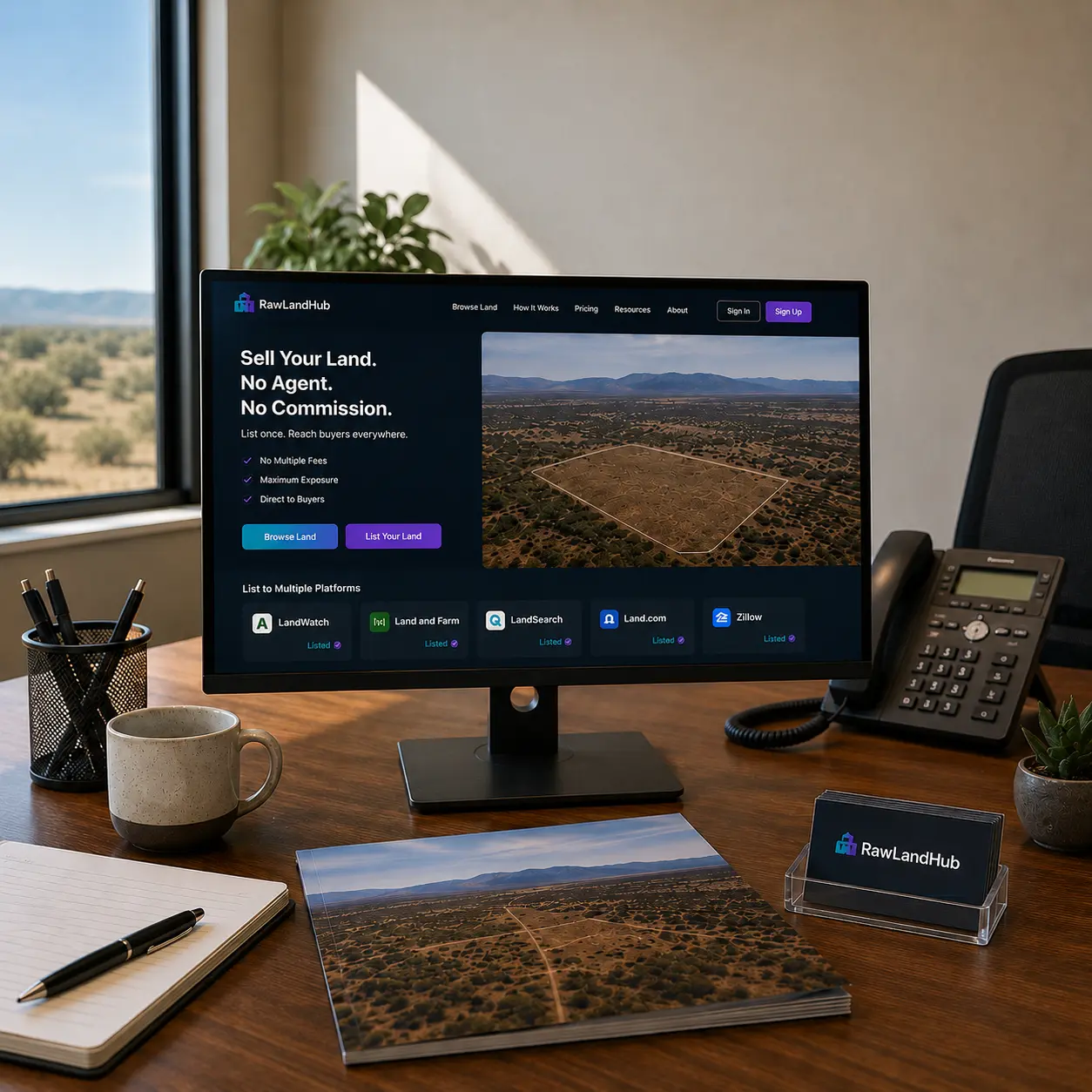 Realistic property office workspace showing a land listing displayed across multiple online platforms without paying multiple listing fees.