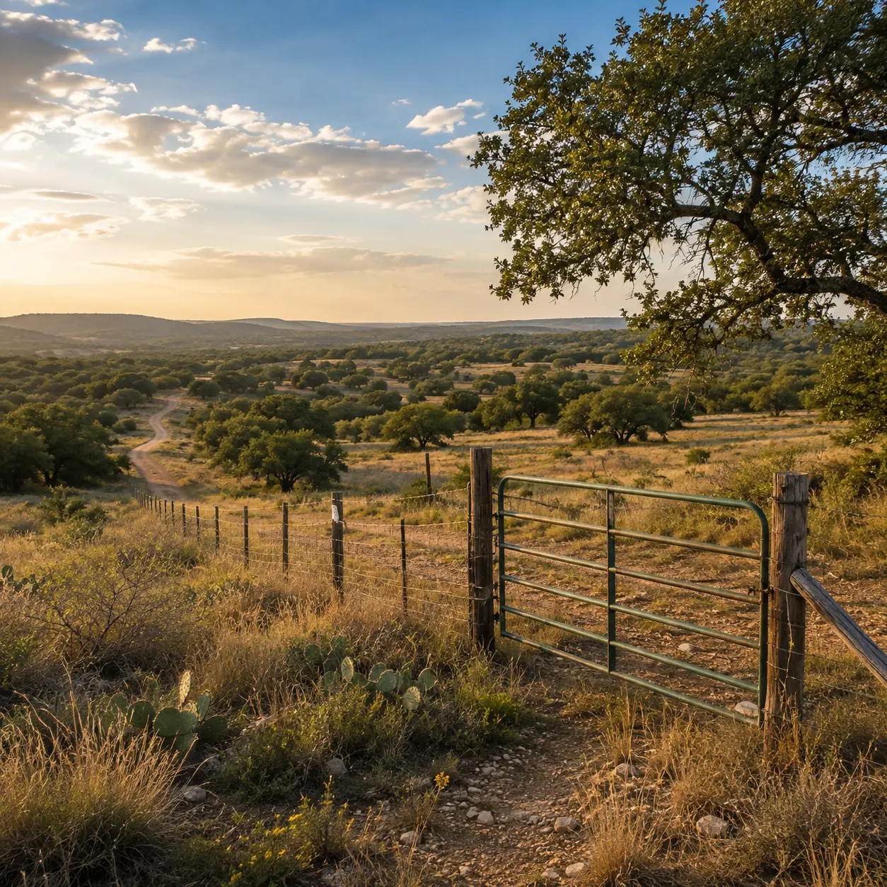 Rural vacant land entrance with a gate, dirt road, and open Texas-style countryside, representing direct land purchase negotiations and making an offer on vacant land.