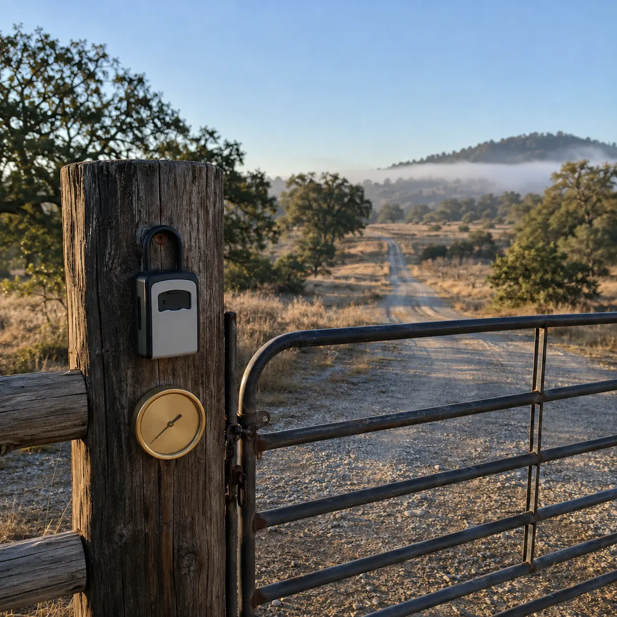 Rural land entrance with a secured gate and access road, representing owner-financed land deals and the interest terms sellers set for buyers.