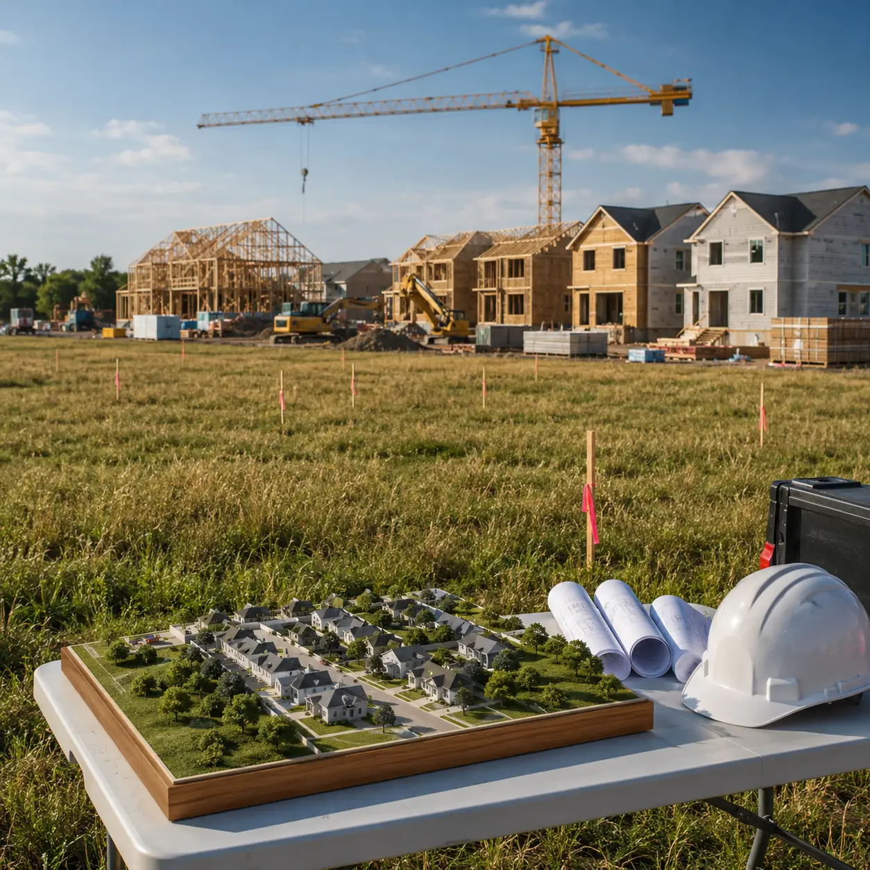 land in front of an active housing development with a site model, blueprints and a hard hat, representing how developers evaluate and buy land.