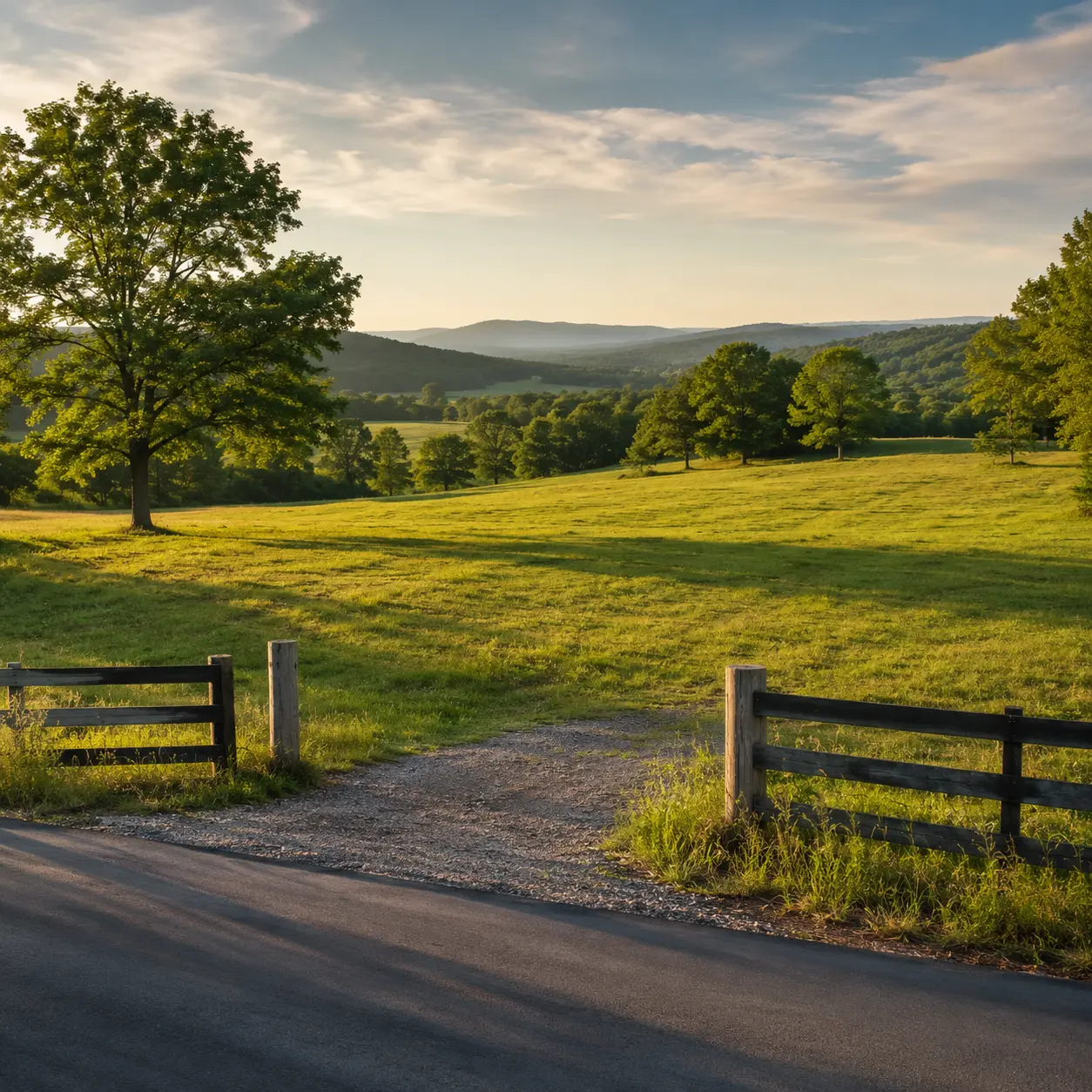 Scenic vacant land in Tennessee with rolling green hills, mature trees, roadside access and rural fencing, representing land sellers preparing to market property in the state.