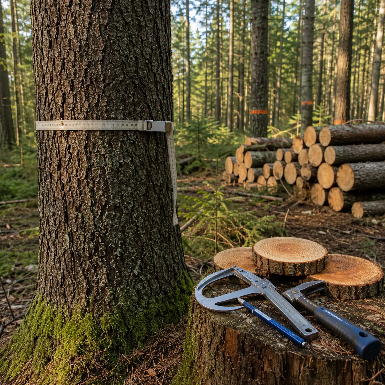 Measured tree trunk in a timber forest with cut log samples and forestry tools, representing how to assess the value of trees on vacant land.