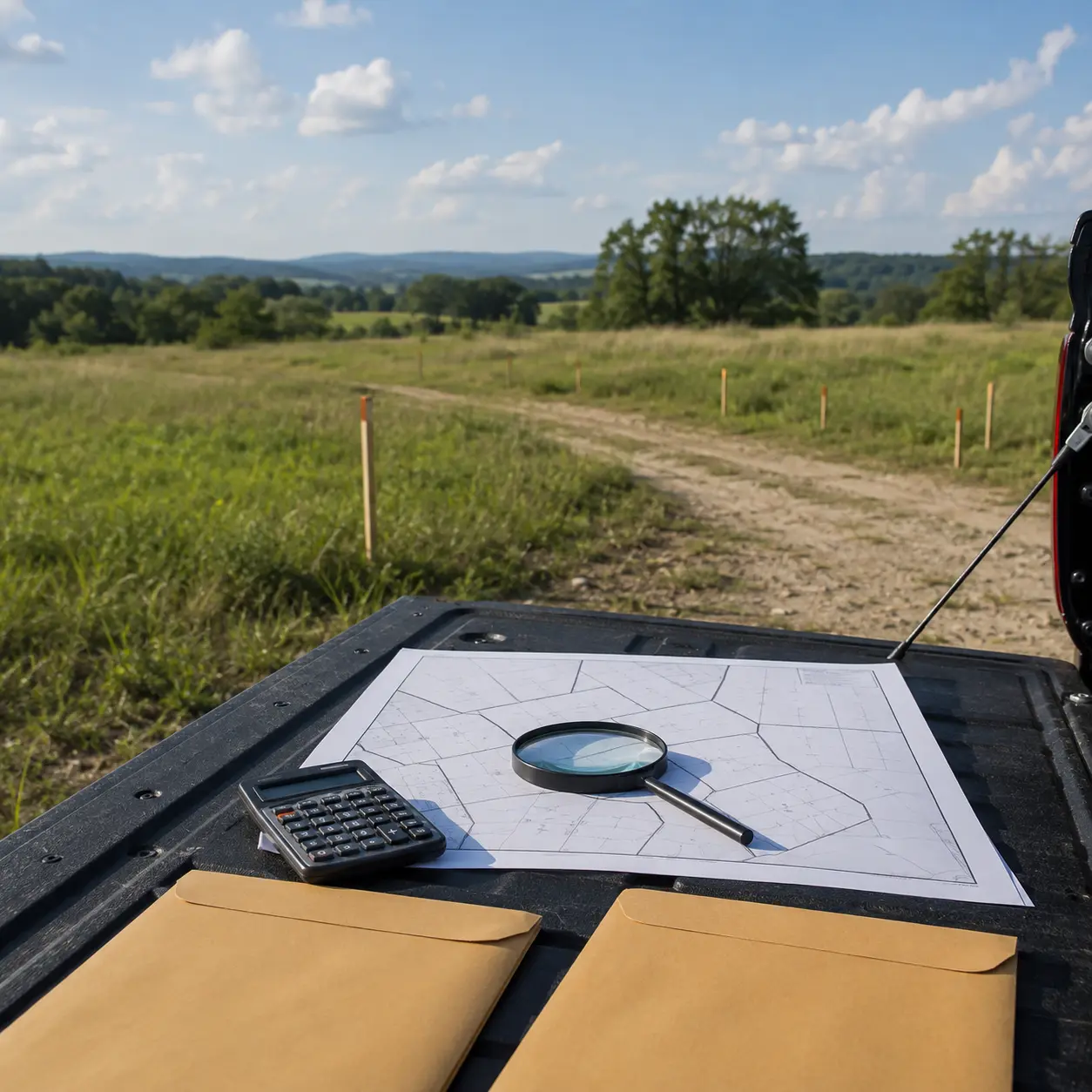 Vacant land parcel with a property map, calculator, magnifying glass and offer envelopes used to compare land-buying company offers.