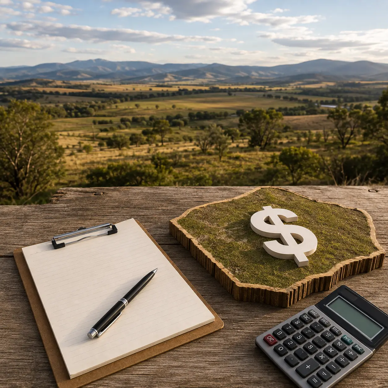 Rural land with a calculator, valuation notes and a land parcel model, representing how the cost of an acre varies by land type and region in 2026.