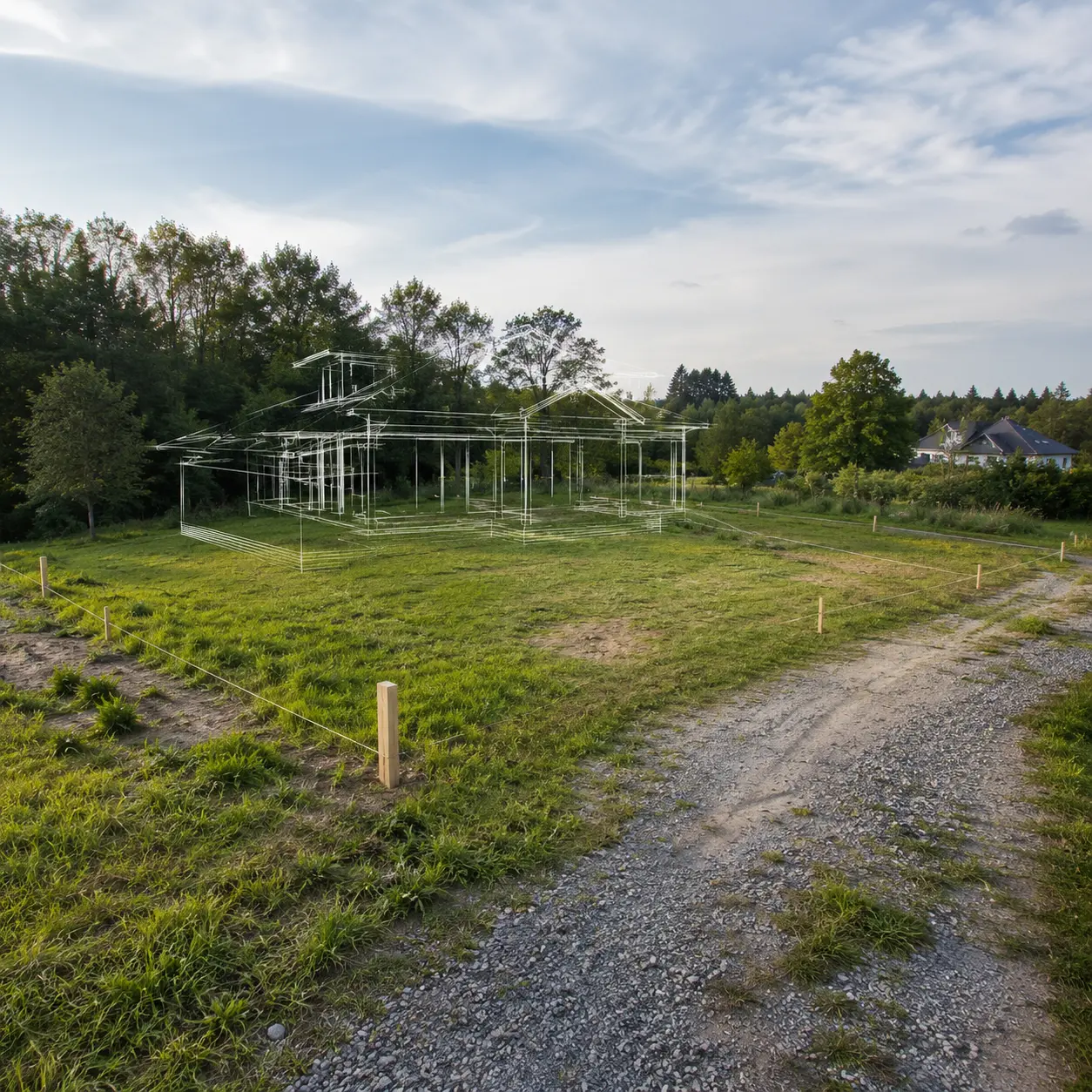 Vacant residential lot with marked boundaries and a house plan visualization, representing the process of buying land before building a home.