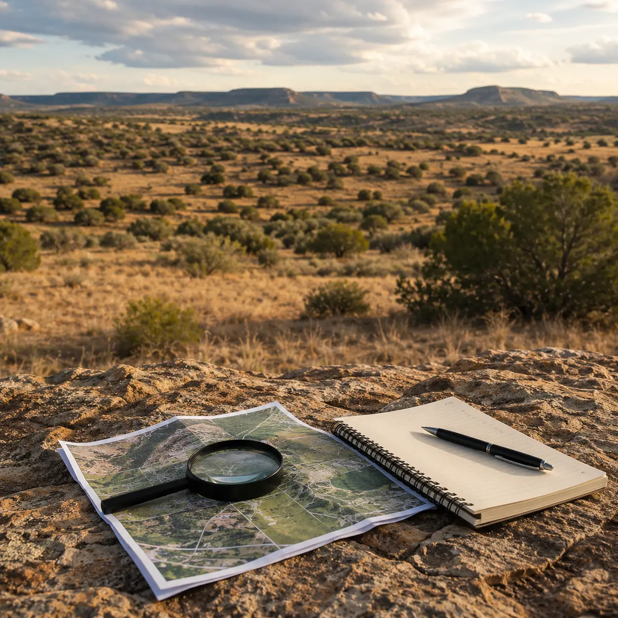 Vacant land viewed with an aerial property map, magnifying glass and notes, representing how buyers can find and evaluate owner-financed land opportunities.
