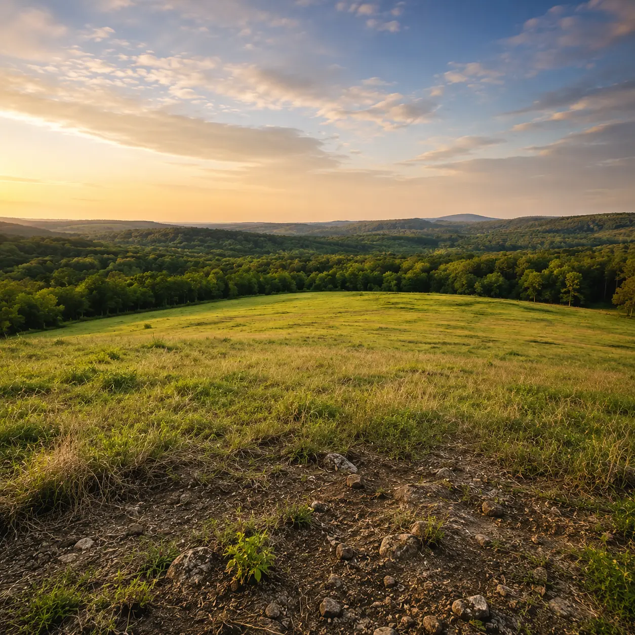 Open rural acreage with rolling fields and forested hills at sunset, representing the long-term potential and considerations of buying land as an investment.