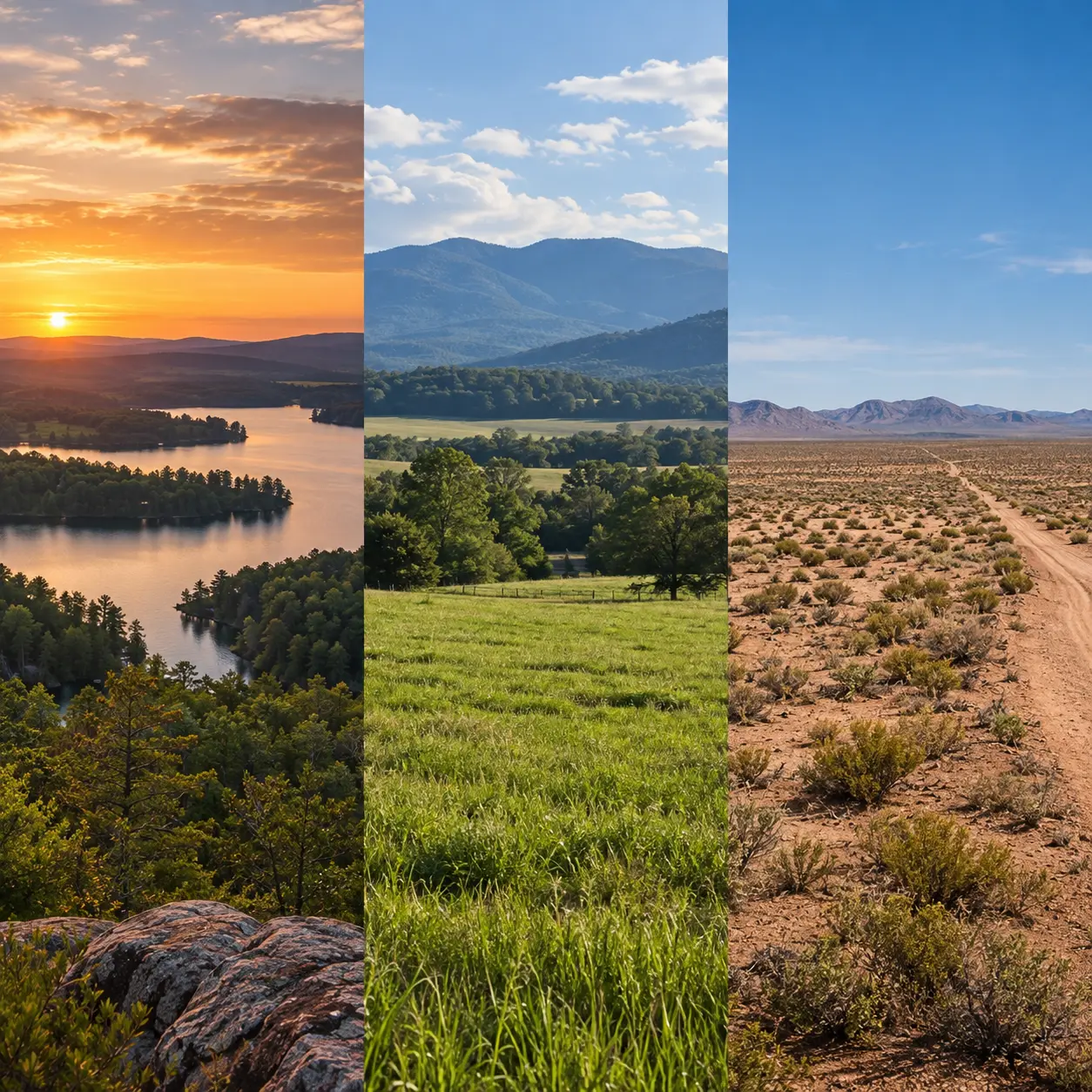 Three contrasting land types shown side by side, representing a comparison of Land.com, LandWatch, and RawLand AI for pricing, ownership, and selling land in 2026.