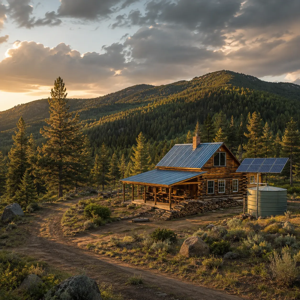 Remote off-grid cabin on wooded mountain acreage with solar panels, water storage and rough access, representing key features to evaluate before buying off-grid land.