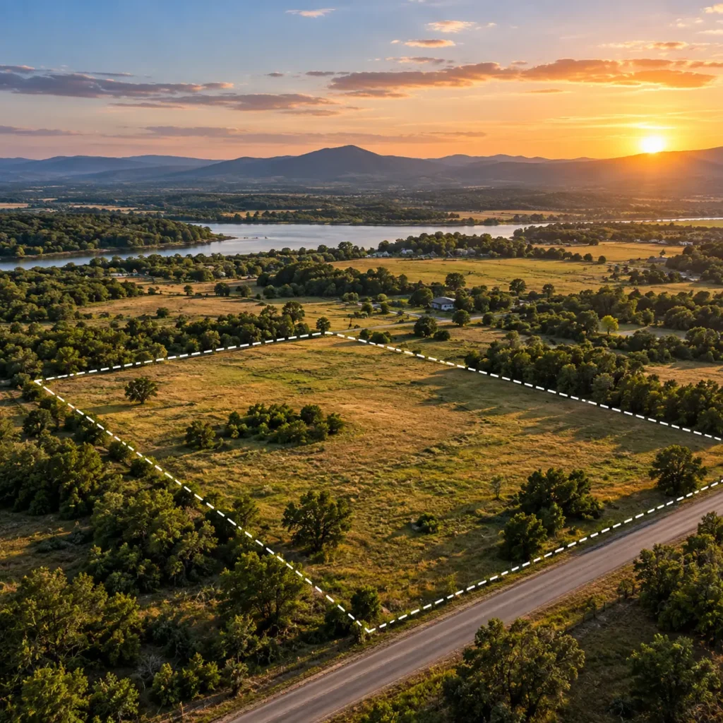 Aerial view of a clearly outlined rural land parcel with road access, trees, open acreage, and nearby water, representing how RawLand AI evaluates property features to estimate land value.