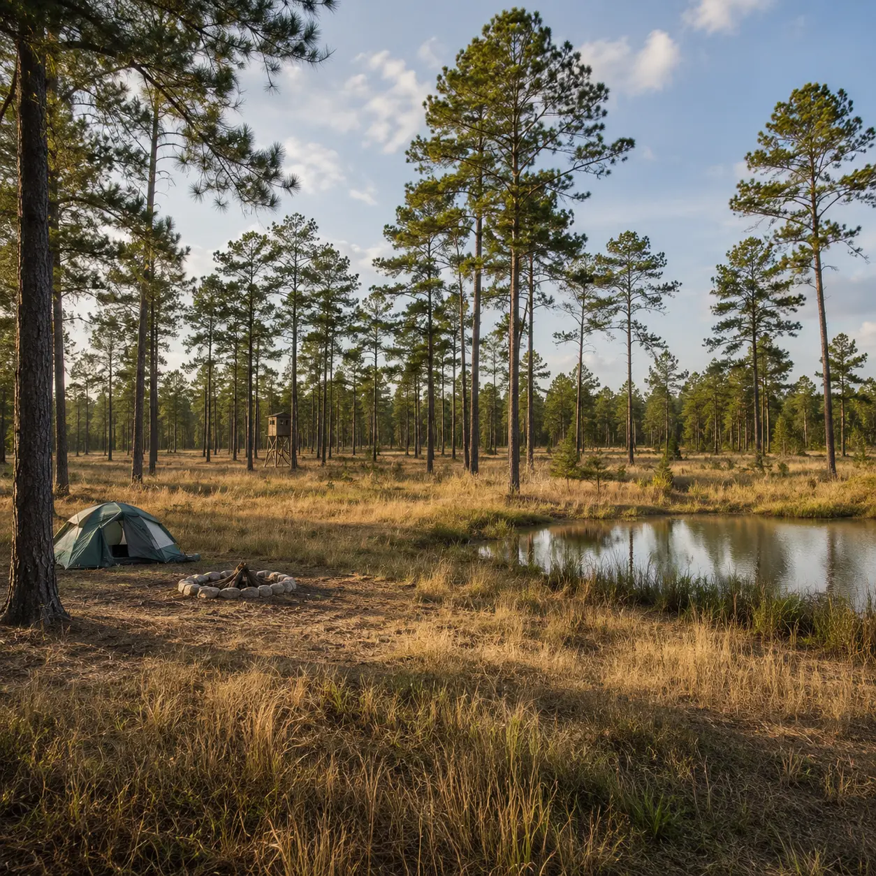Recreational pine land with a campsite, pond, and hunting stand, representing the value of acreage used for hunting, fishing, and camping.