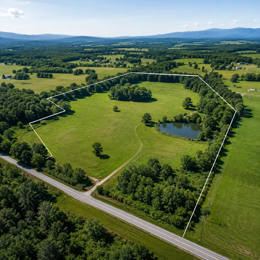 Aerial view of a vacant land parcel with road access, open usable acreage, trees, water, and nearby utilities, showing key features buyers should evaluate before purchasing land.