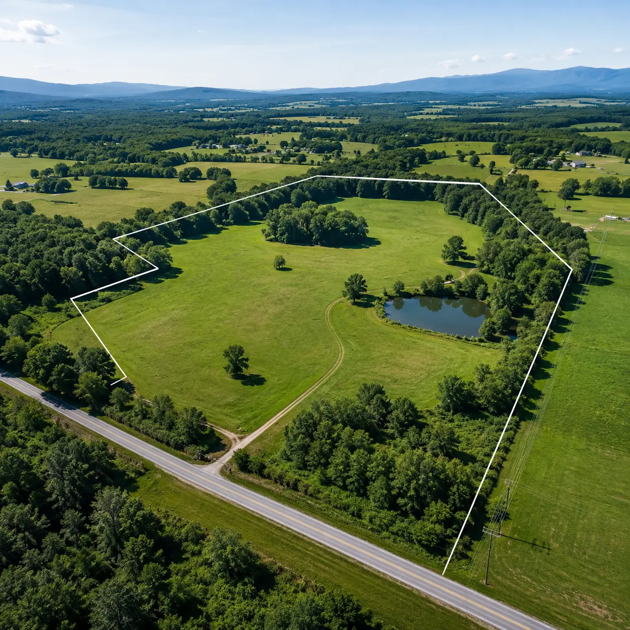 Aerial view of a vacant land parcel with road access, open usable acreage, trees, water, and nearby utilities, showing key features buyers should evaluate before purchasing land.
