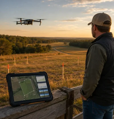 Landowner using drone mapping and digital parcel analysis to assess rural land value before listing the property for sale.