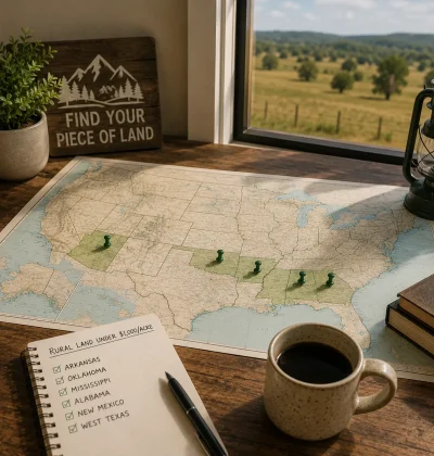 U.S. map with rural states marked by pins on a wooden table, representing affordable land-buying locations under $1,000 per acre in 2026.