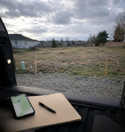 Vacant residential lot viewed during an independent property search with a location map and notes, representing how buyers can find, evaluate, and close on land without an agent.