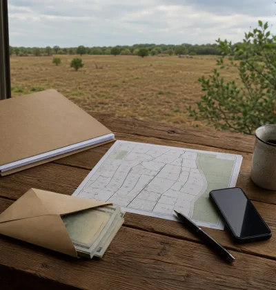 Vacant land viewed from a rustic workspace with a parcel map, cash-filled envelope, smartphone and documents for contacting land buyers directly.